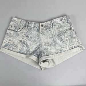 Roxy Cotton Shorts Women's 30 White Blue Paisley Cuffed Button Fly Summer